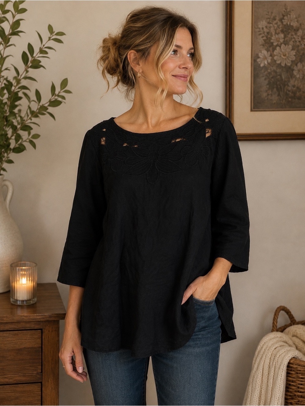 Richard Malcolm Woman Black Linen Floral Appliqué Tunic Top 1X